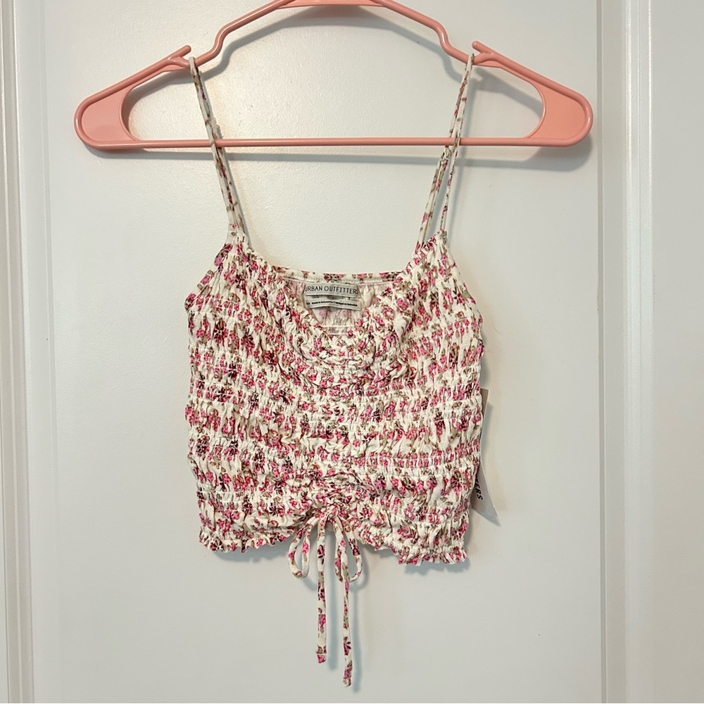 Urban Outfitters White and Brown Smocked Tie Front Camisole